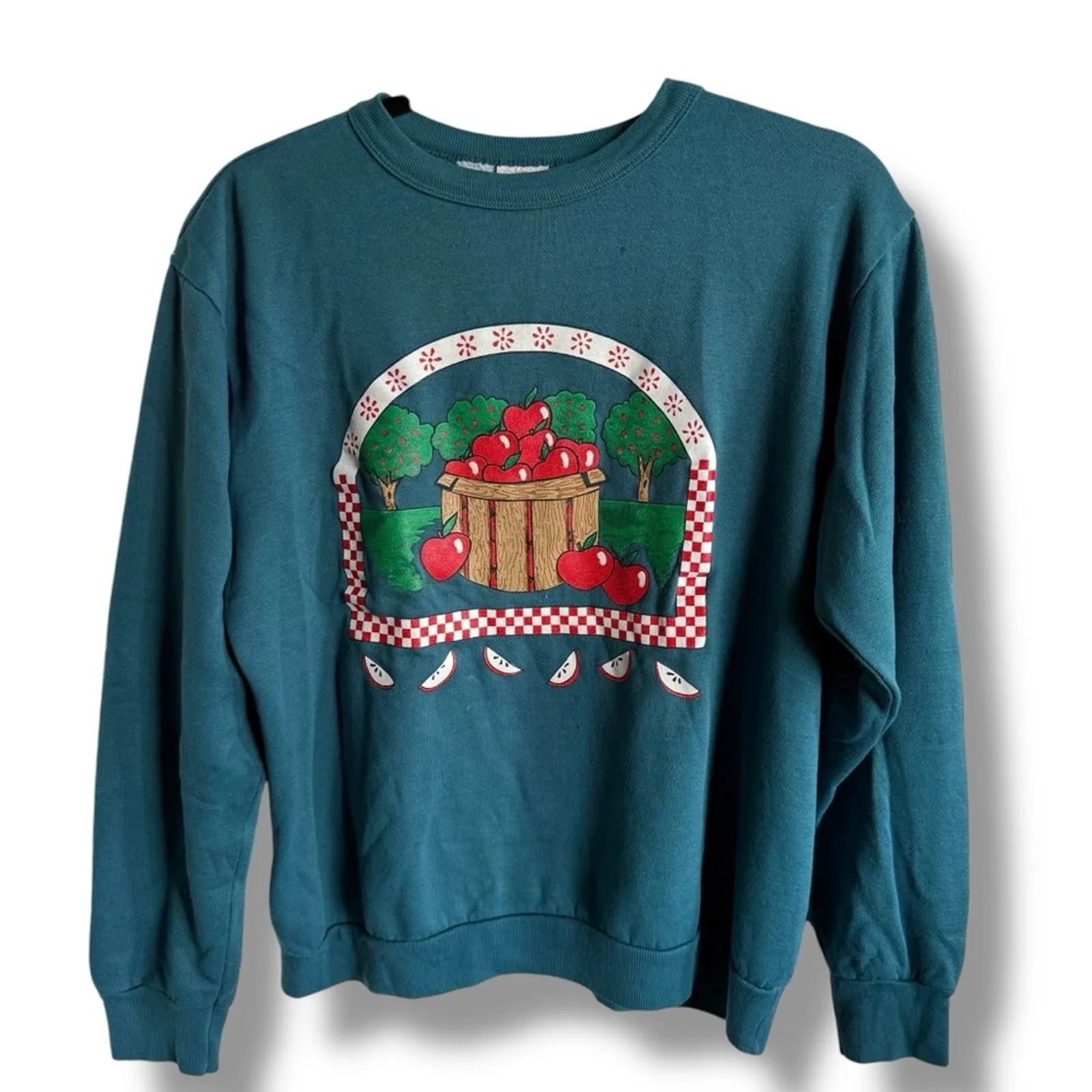 Vintage‎ 90s Apple Basket Slices Sweatshirt Women’s Medium Blue - Image 2