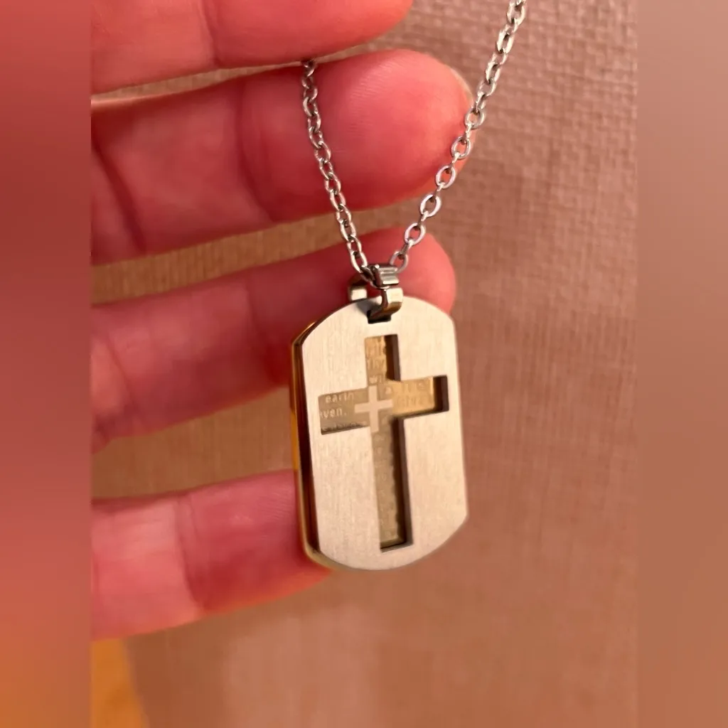 Silver and Gold Cross Mixed Metal Pendant Necklace dog tag dainty chain - Image 3