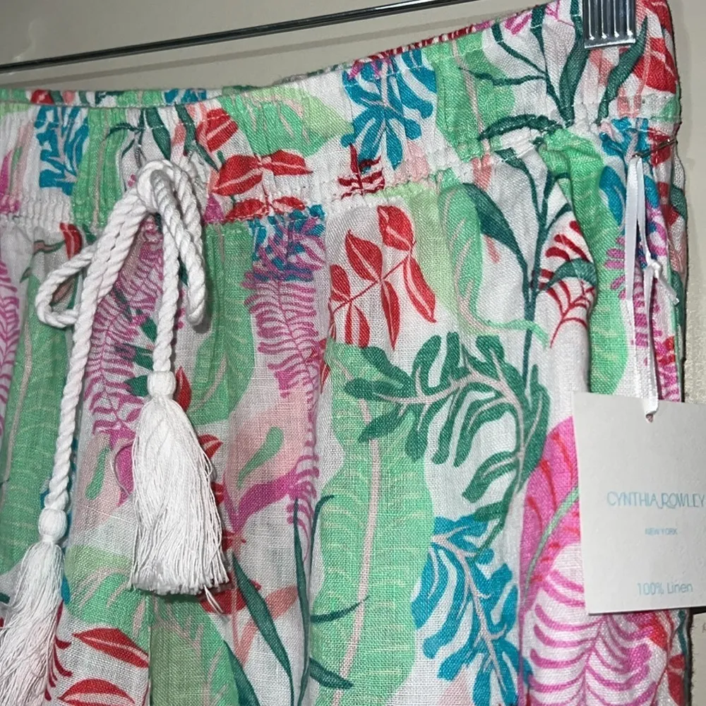 CYNTHIA ROWLEY sz small 100% linen floral pants elastic waist string tie pockets - Image 4