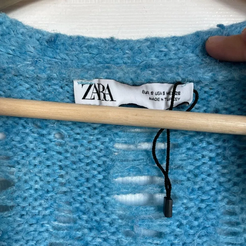 Zara Long Open Knit Sweater Wool Blend Ripped Blue - Image 5