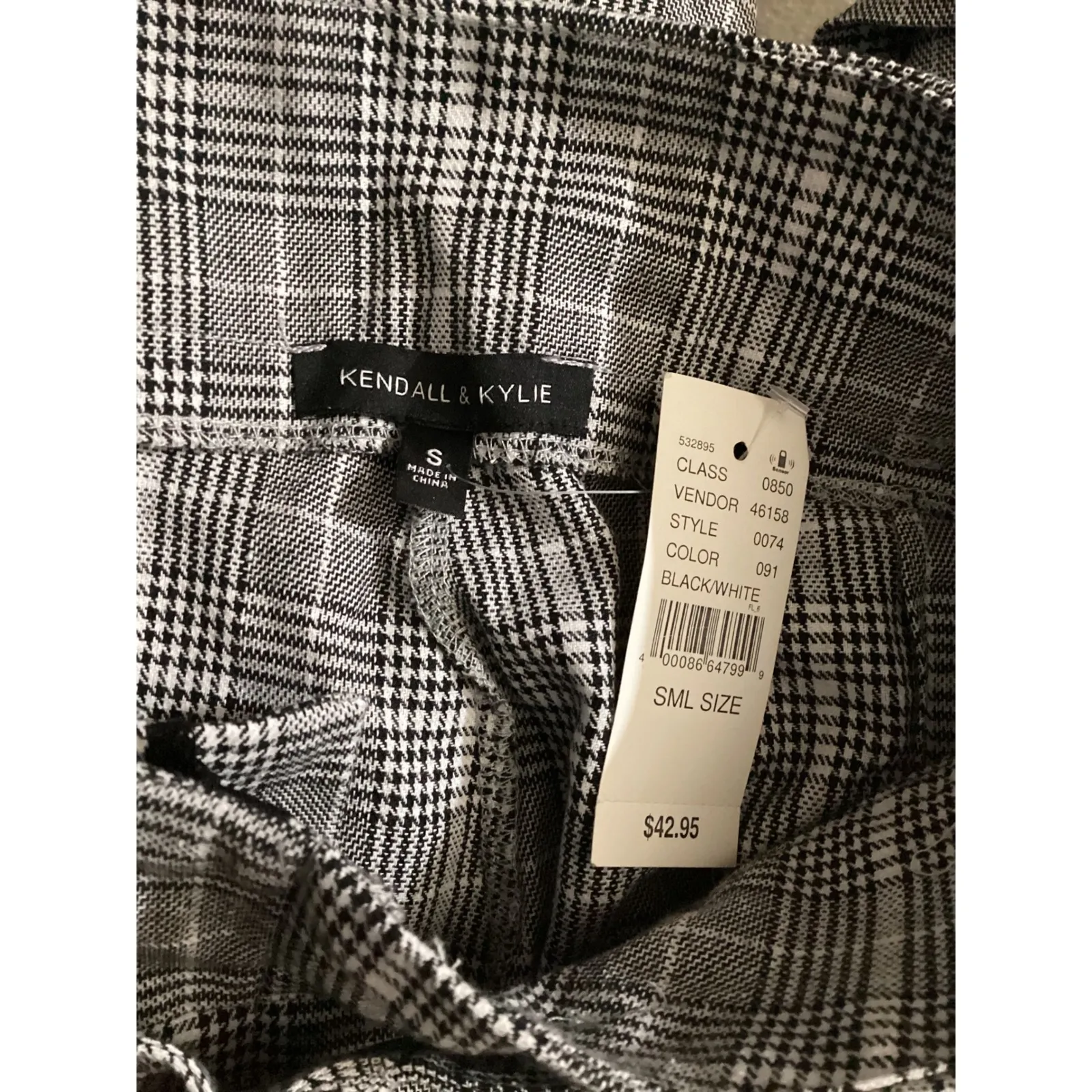 Kendall & Kylie Plaid Belted High Waisted Trousers Black White Size S - Image 4