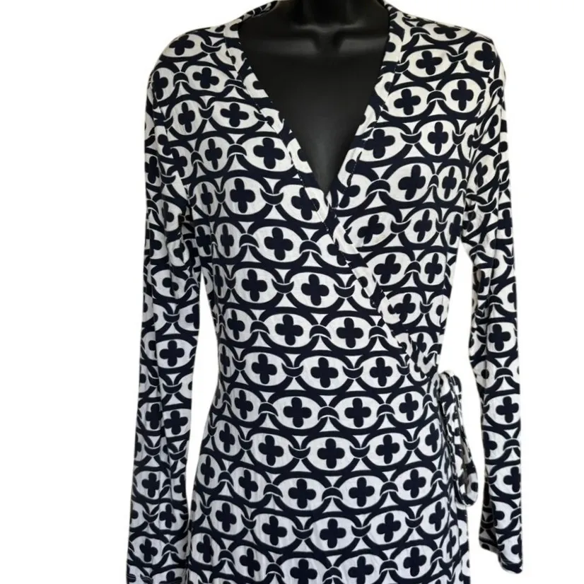 Boden Jersey Fit and Flare Wrap Dress‎ Size 6L Navy White Nautical Blue - Image 2