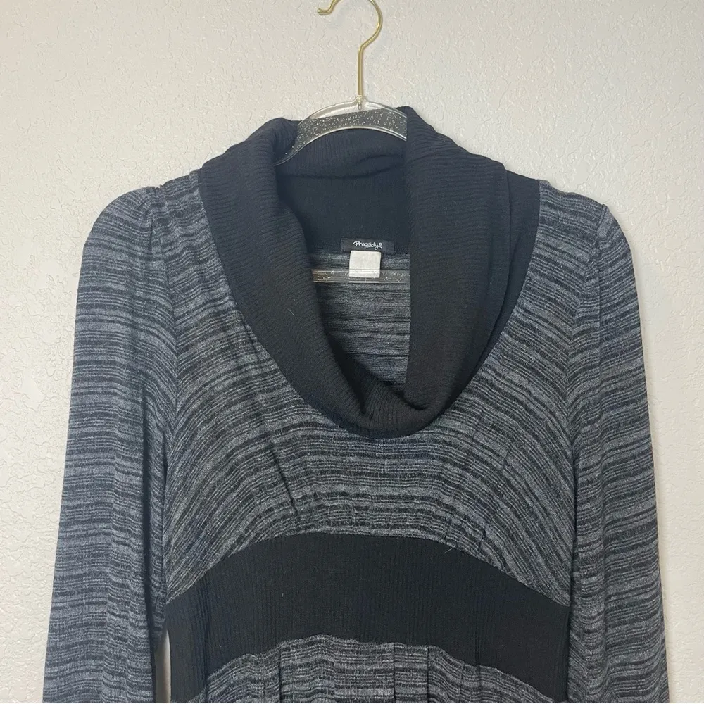 RHAPSODY Black and Gray Heathered Sweater Mini Dress w/Cowl Neck Size L - Image 2