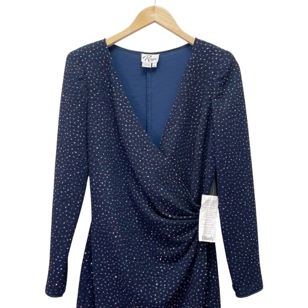NWT Reggio Millennium 2000 Navy Sparkle Wrap Dress Size 10 Long Sleeve Ruched Blue - Image 10