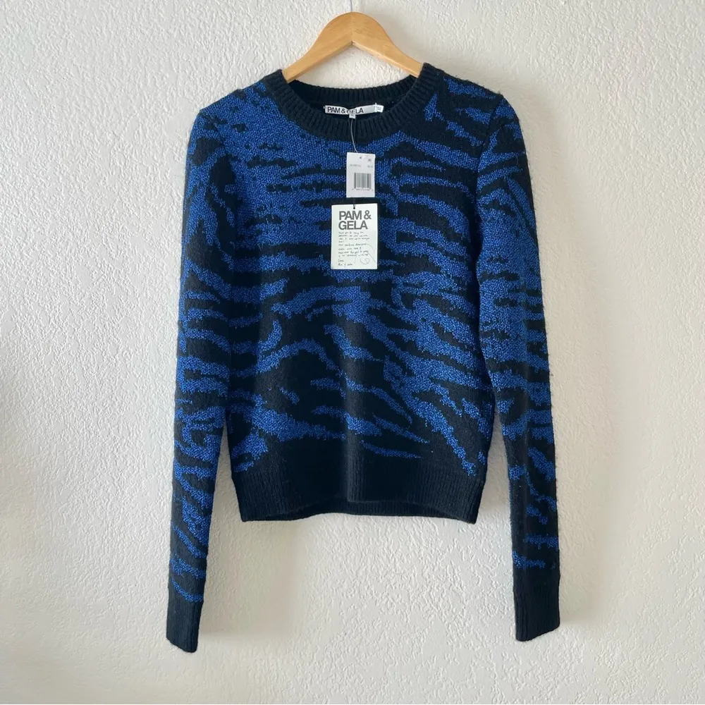 Pam & Gela Blue Metallic tiger Animal Print Sweater - Image 34