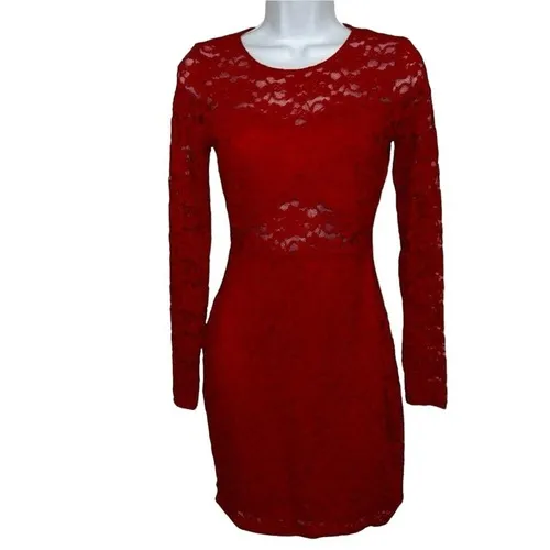 EXPRESS Lipstick Red  Lace Cut Out‎ Back Sheer Sleeves Waist NWT $88 XS - Image 2