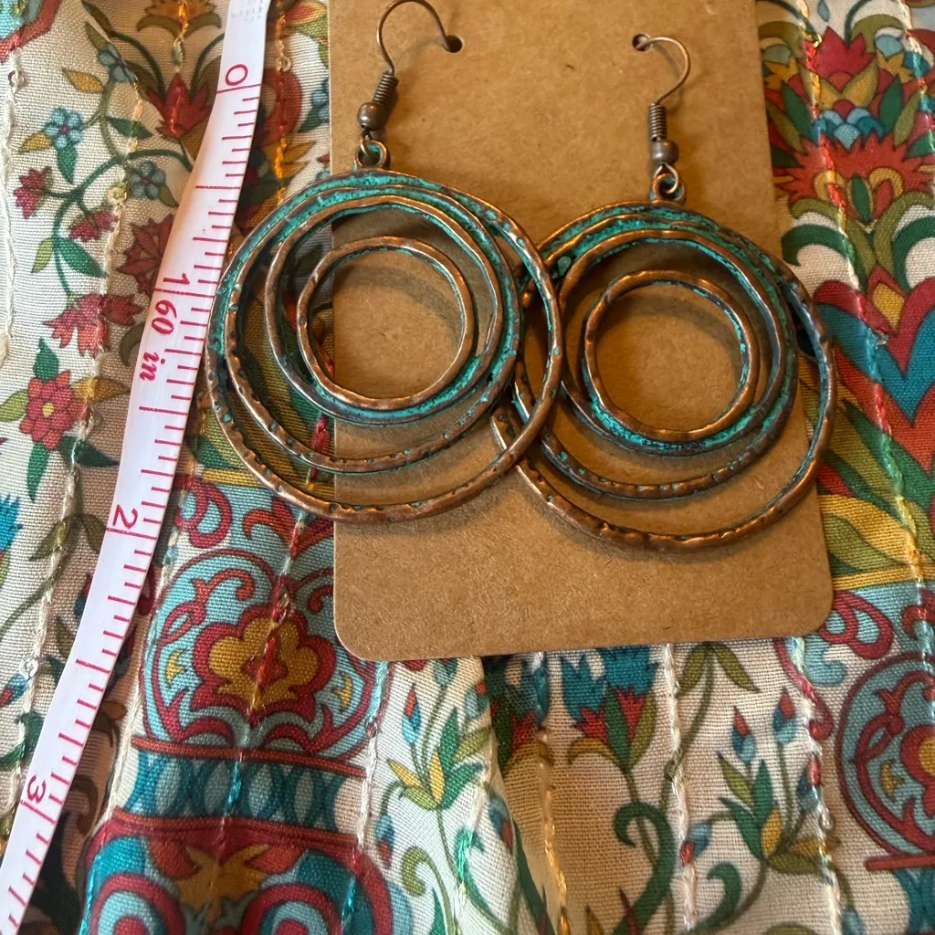 Boho Patina Copper Turquoise Multi Circle Hoop Dangle Earrings Gypsy Style Blue - Image 3
