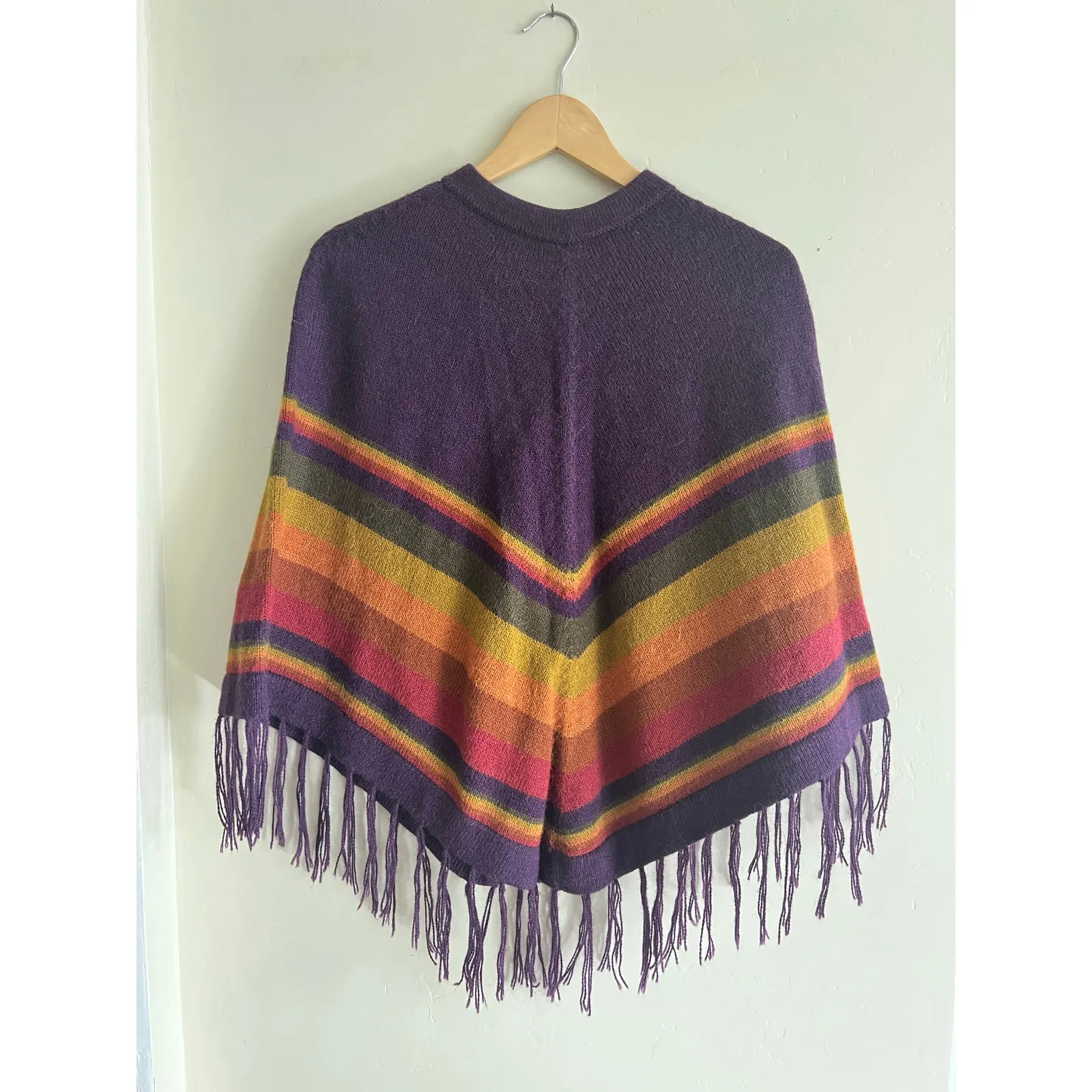 Alpaca Made in Peru Poncho Fringe Purple Stripe Thick Warm Handmade - Image 2