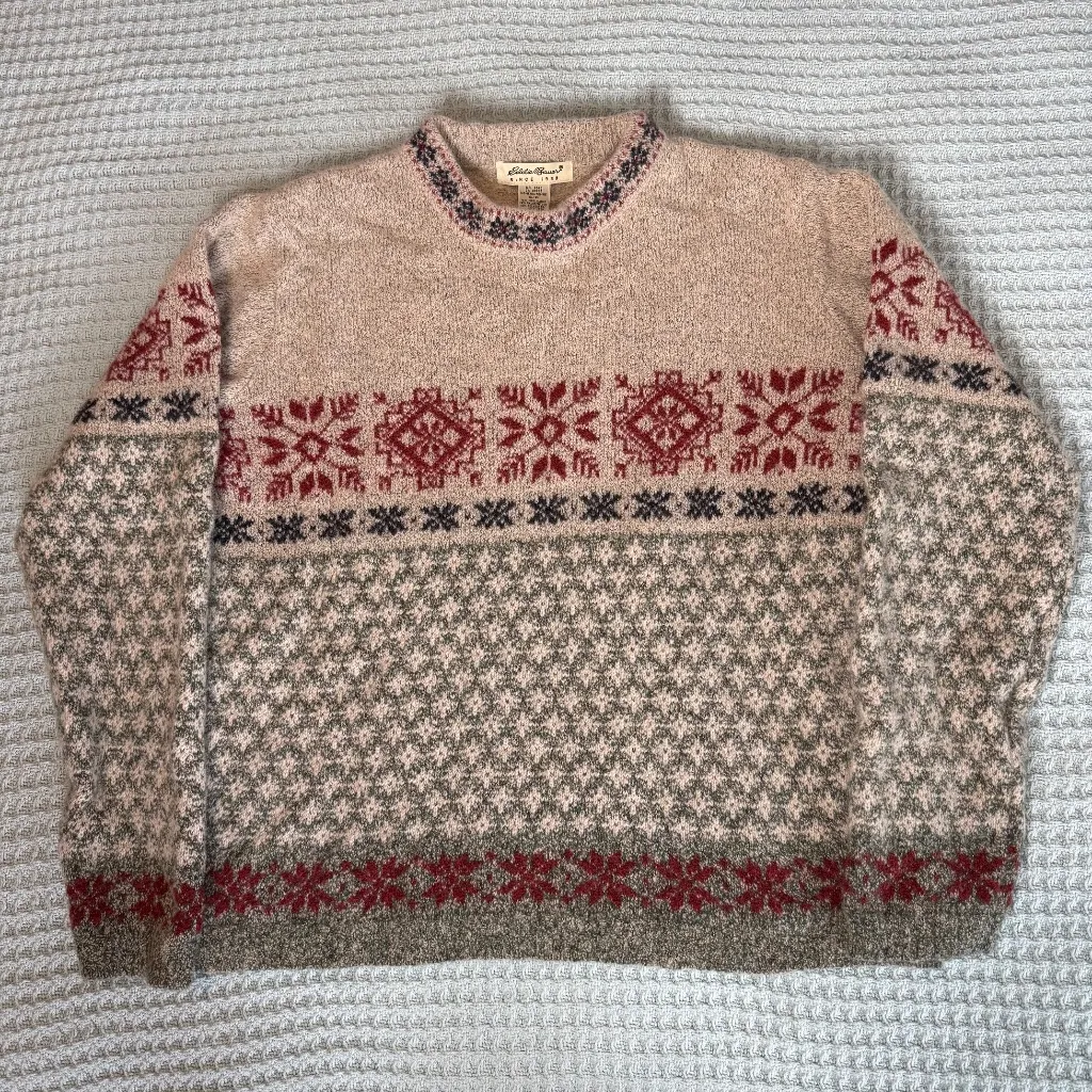 Vintage Eddie Bauer Fair Isle Wool Blend Tan Sweater Womens Small Nordic 90s Y2K - Image 2