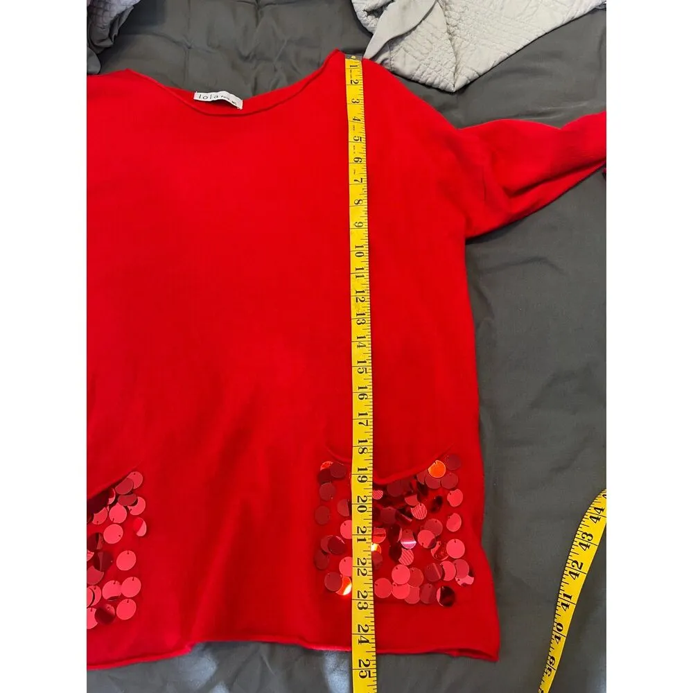 Lola Paris Soft Red Sweater Sz M/L Sequin Holiday Artsy Party Christmas Modal Size M - Image 9