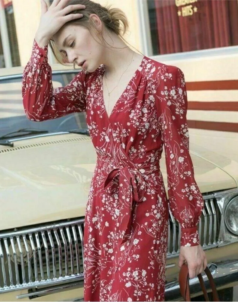 Reformation red floral wrap crepe midi dress WORN ON TV NEW - Image 2