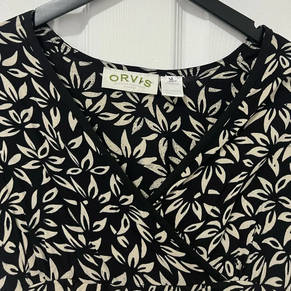 Orvis Women’s Formal Midi V neck Tie back Black beige neutral leaf dress medium - Image 2