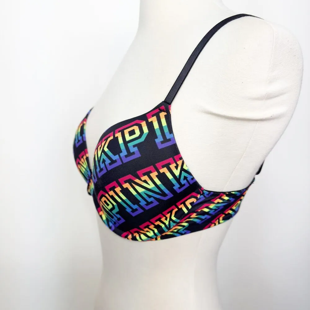 Victoria's Secret PINK Rainbow All Over Logo T-Shirt Bra 32D - Image 2