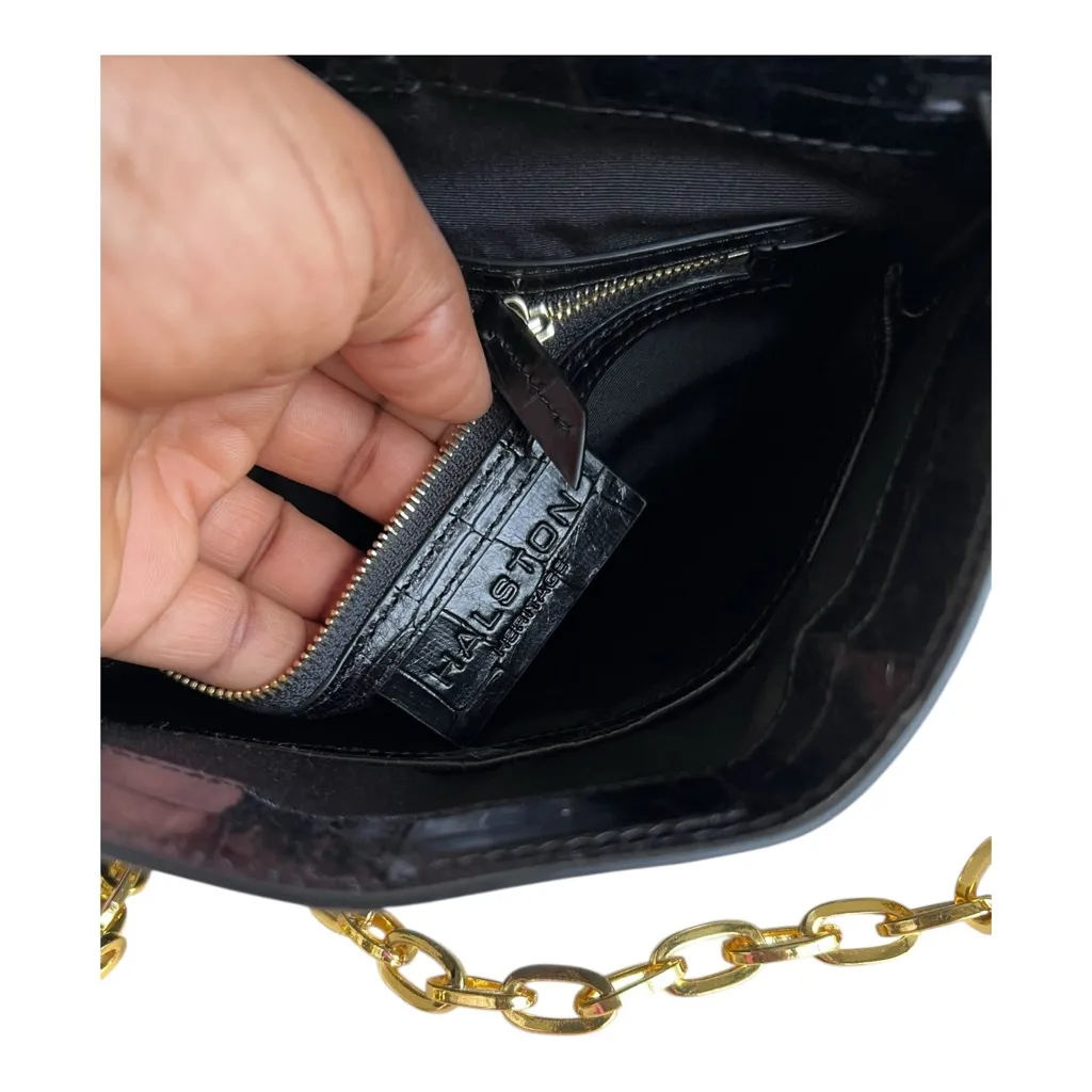 Halston Heritage Black Croc Embossed Leather Shoulder Bag with Gold Chain - Image 7