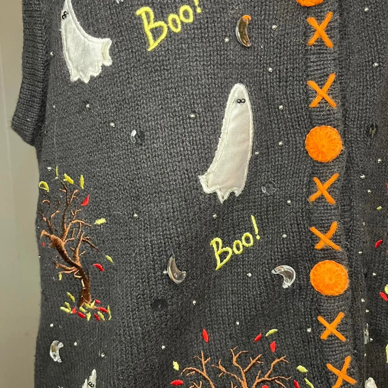 Halloween Ghosts Boo Knit Sweater Vest Large Black - Image 3