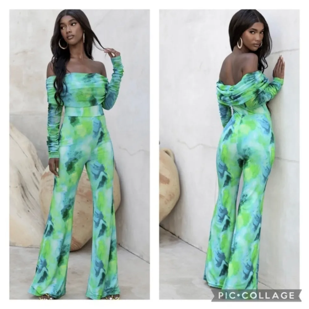 Club L London Bardot Jumpsuit Off the Shoulder Flared Mesh Blue Mint Glam NWT 2 - Image 17