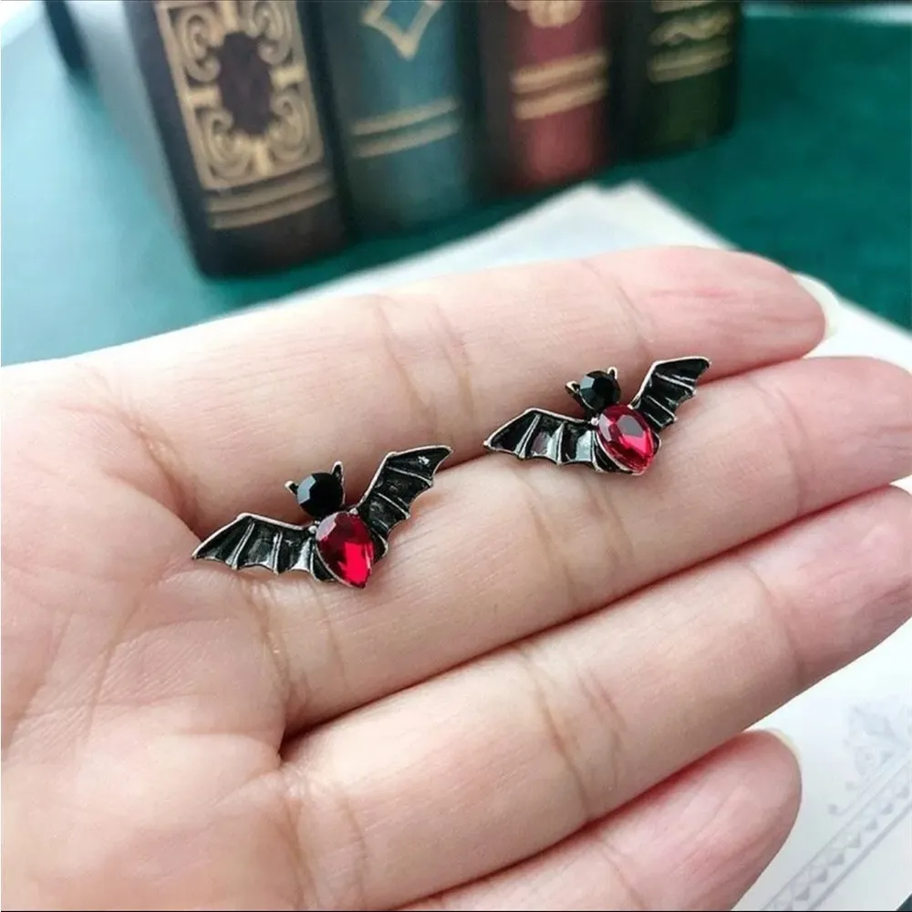 2023 Halloween Bat Red Waterdrop Crystal Earrings Stud Party Women Jewelry Gift Black - Image 4