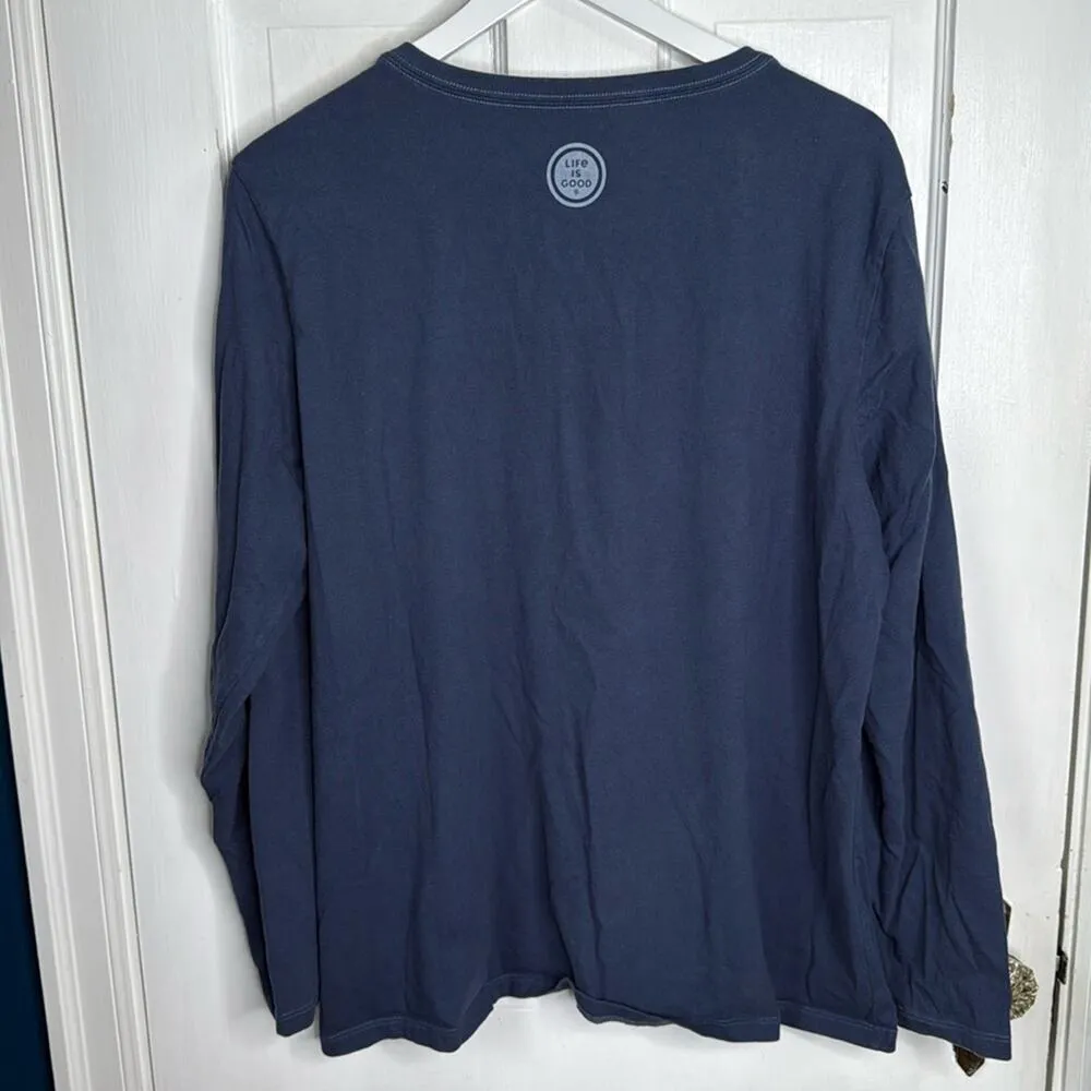 Life Is Good Blue Long Sleeve V-neck Crusher Santa Dog Tee T-shirt W1465 Sz XL - Image 6