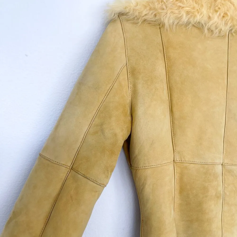 New Label SheepSkin Cream Yellow Leather Button Up shearling Jacket - Image 7