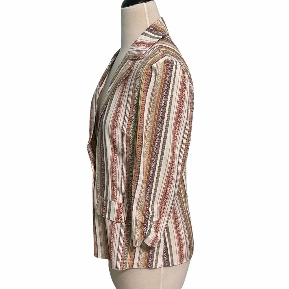 Soho Apparel Striped Linen One Button Ruched Sleeve Blazer White Orange Medium - Image 8