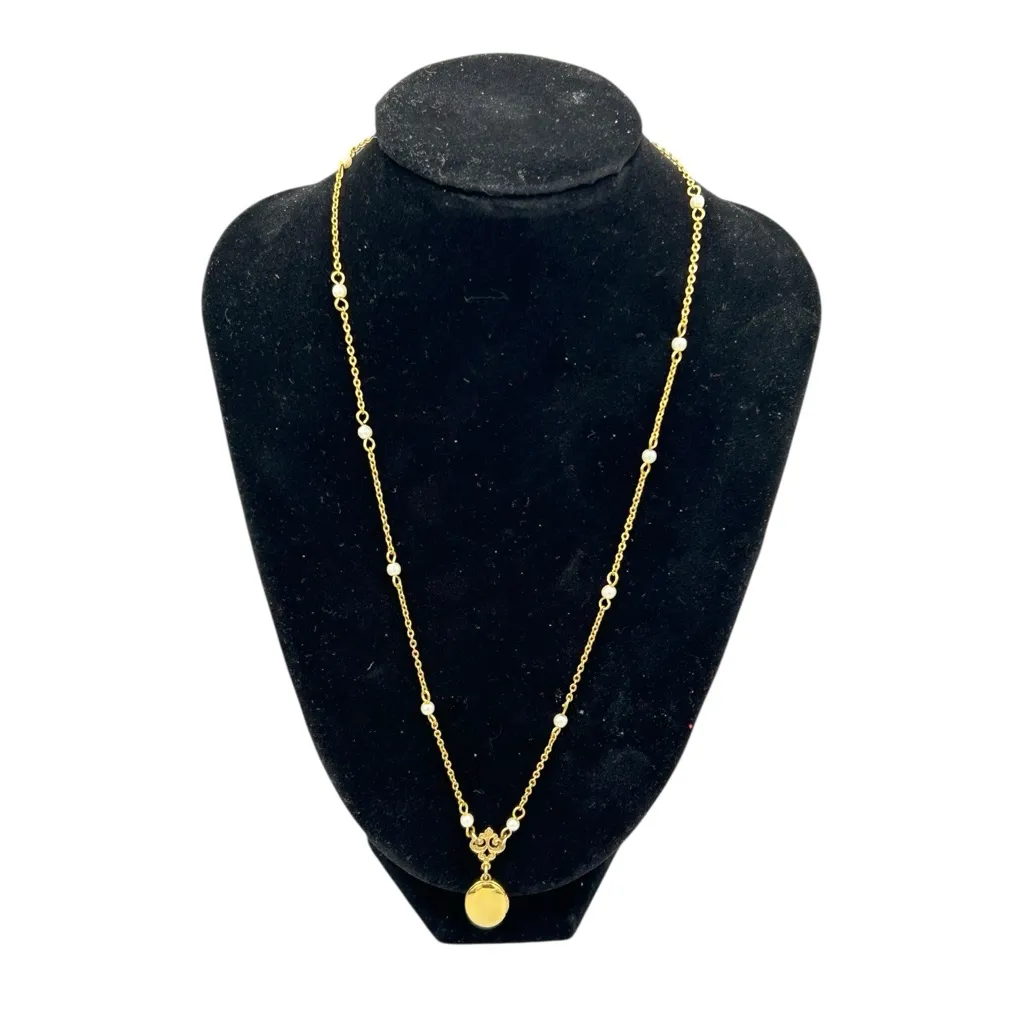 1928 Jewelry Gold Tone Station Necklace Faux Pearls Locket - Image 10
