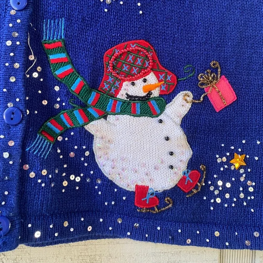 kim rogers Vintage  Women's size Large Beaded Blue Christmas Holiday Snowman Vest - Image 4