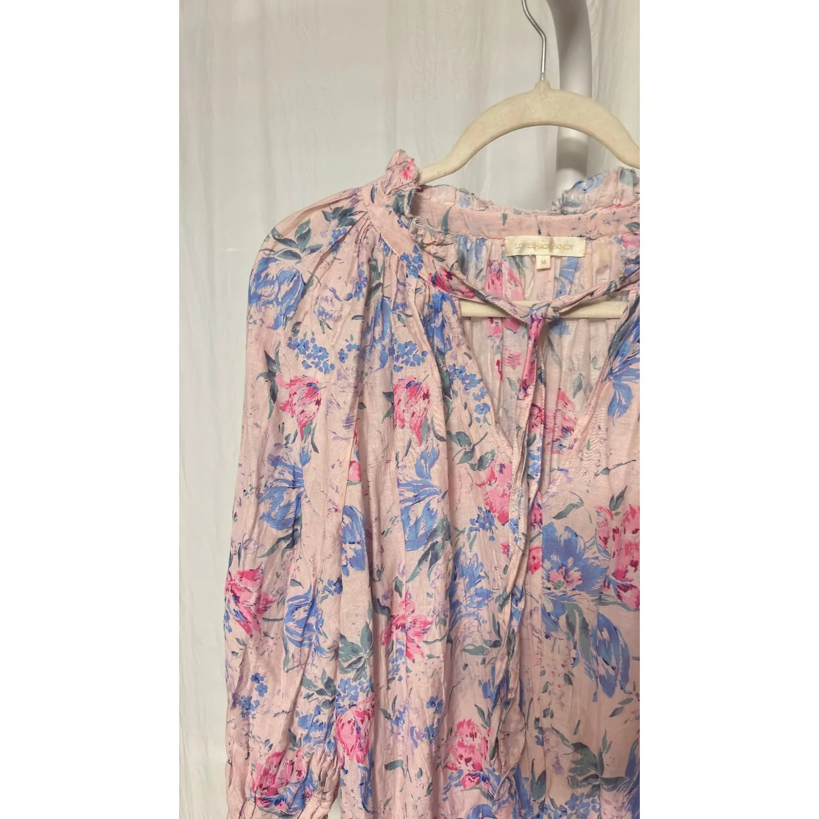 $295 LoveShackFancy Willow Floral Print Boho Ruffle Neck Tie Blouse Size M - Image 4
