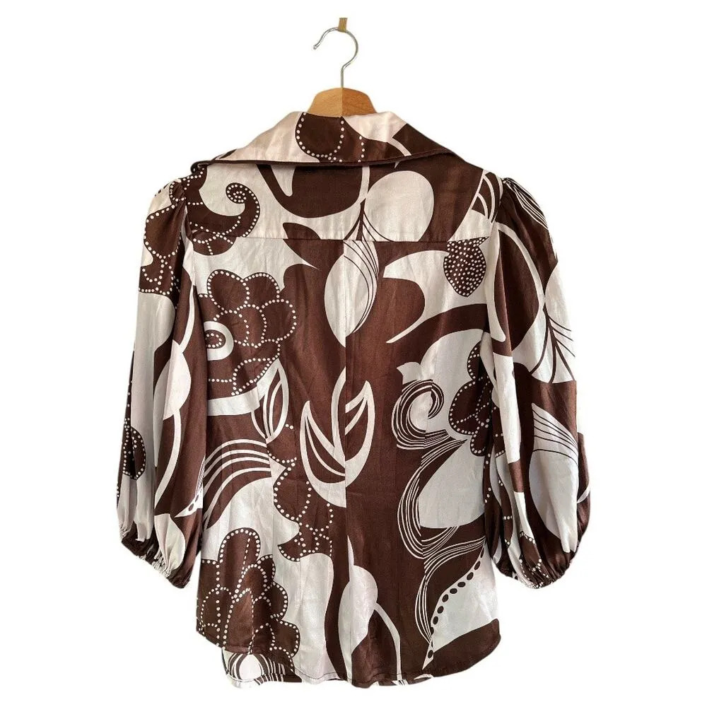 Bebe XS Brown Floral SILK Blend Henley Blouse 1/2 Balloon Sleeve Slim Fit - Image 2
