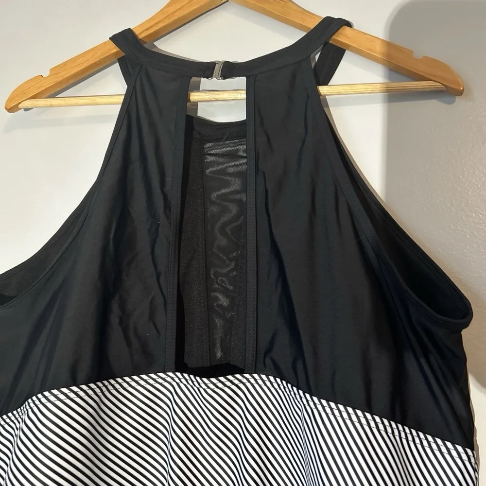 Black High Neck One Piece Sheer Mesh Side Panel Swimsuit Sz 22W Plus Size Stripe - Image 7