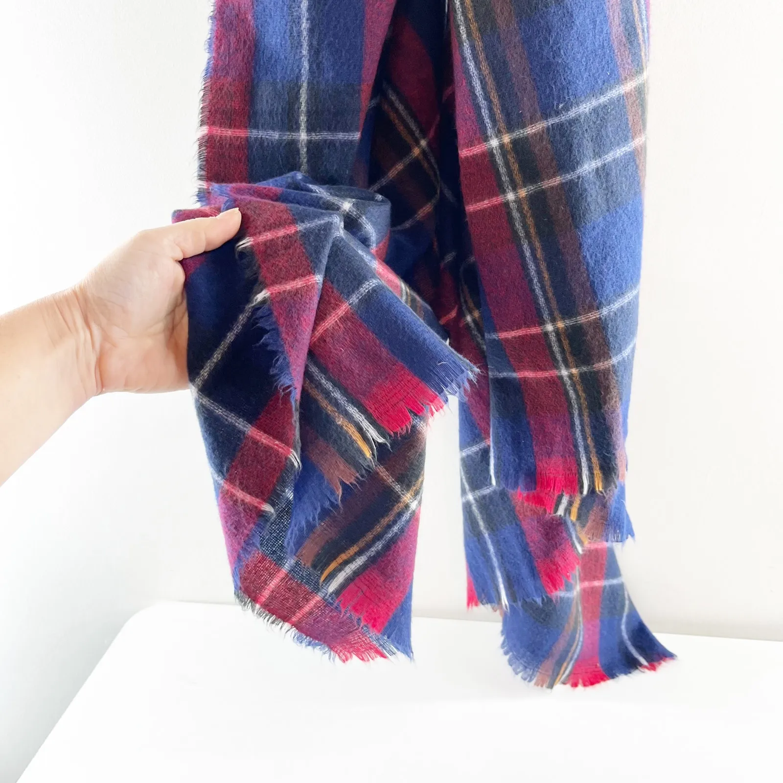 Plaid Tartan Fringe Blanket Wrap Scarf Blue Red - Image 2
