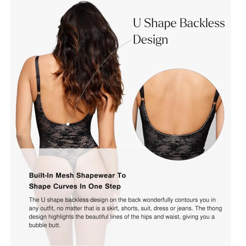 NWT Popilush Lace Deep V Neck Backless Tummy Control Shapewear Bodysuit Small Black - Image 4