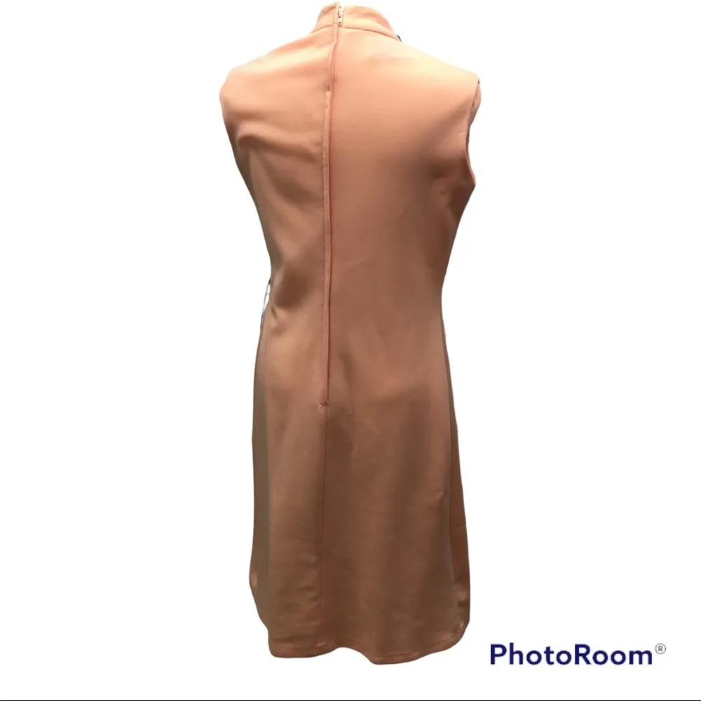 Vintage Mod Peach sleeveless mock turtleneck pleated sheath wiggle dress Orange - Image 4