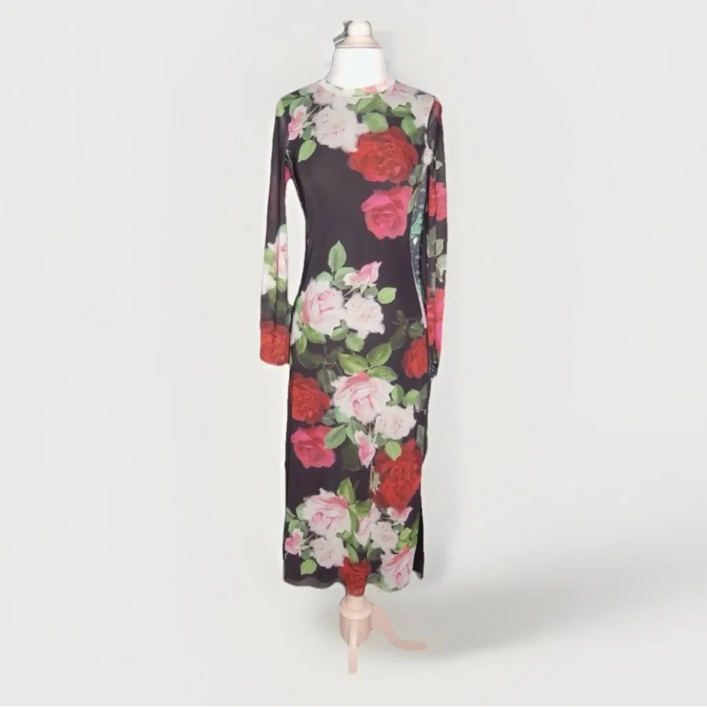 Johnny Was Jade Women's Size XS Lolia Mesh Midi Dress Maria Rosa Rose Print NEW - Image 7