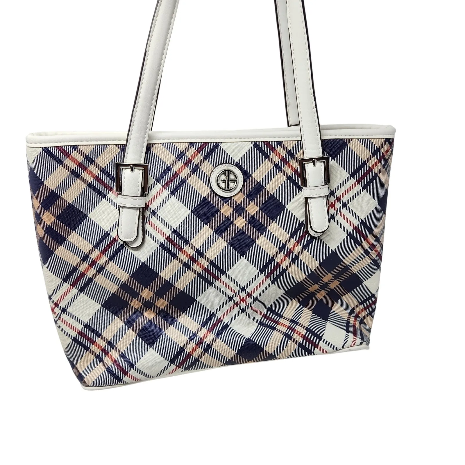 Giani Bernini Blue Double Handle Magnetic Faux Leather Saffiano Plaid Tote Bag - Image 7
