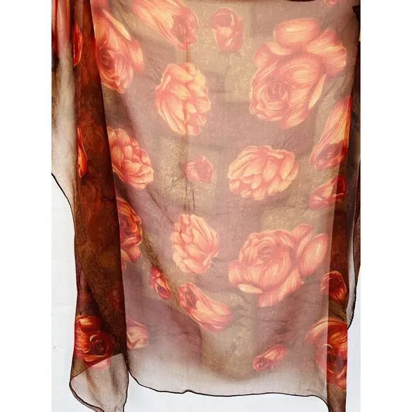 Vintage Red Orange Brown Floral Print‎ Scarf 26x25 Good Condition Sheer - Image 5