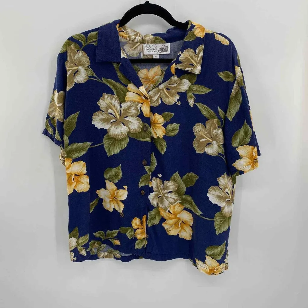Young Hawaii by IOLANI Button Front Shirt‎ Womens XL Blue Floral Rayon - Image 2