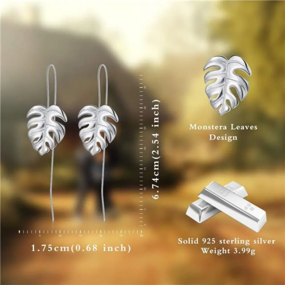 925 Sterling Silver Drop Earrings Monstera Leaves Dangle Earring - Image 4
