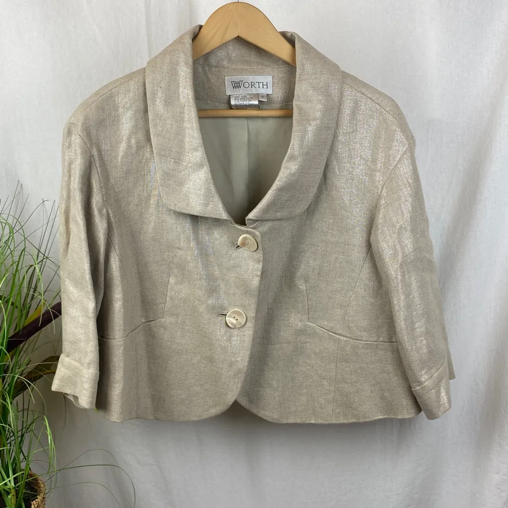 Worth 100% Linen Half Sleeve Button Front Cropped Jacket 8 Tan - Image 2
