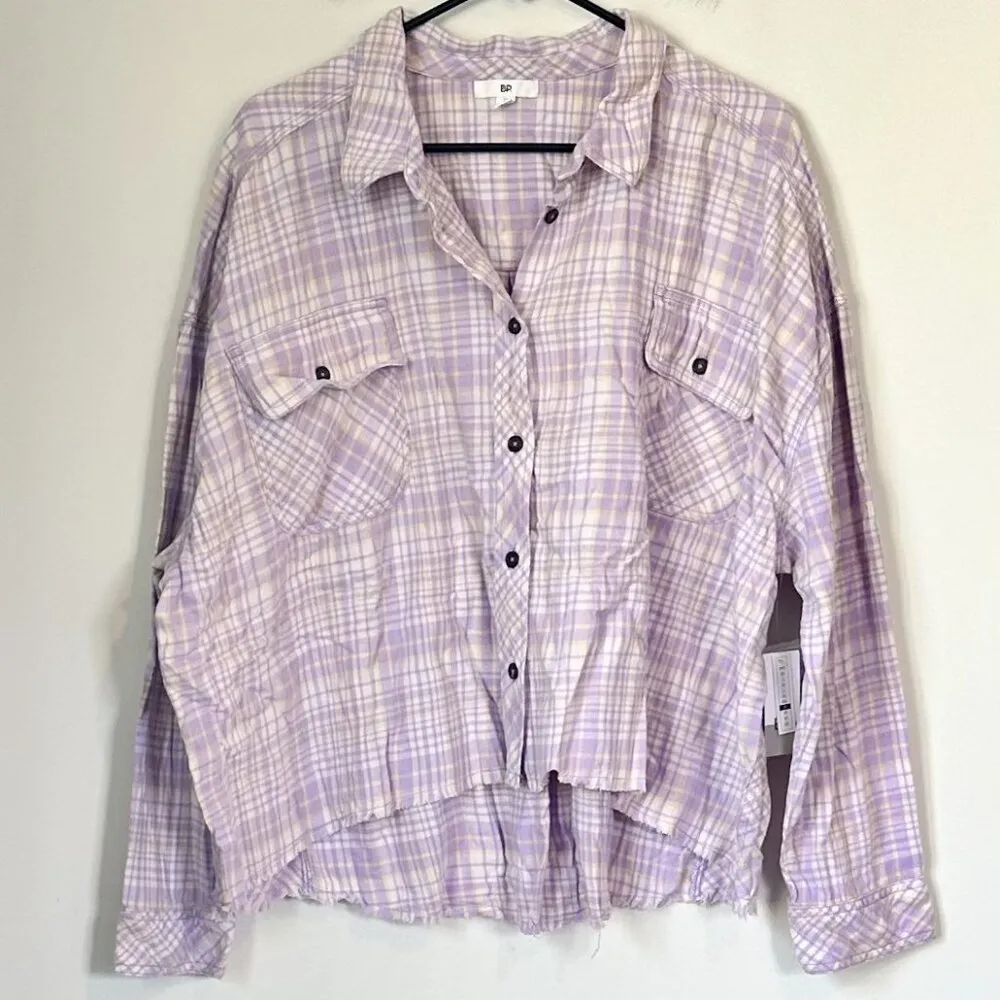 NWT BP by Nordstrom Plaid Long Sleeve Button Up Frayed Hem Cropped Shirt - Image 2