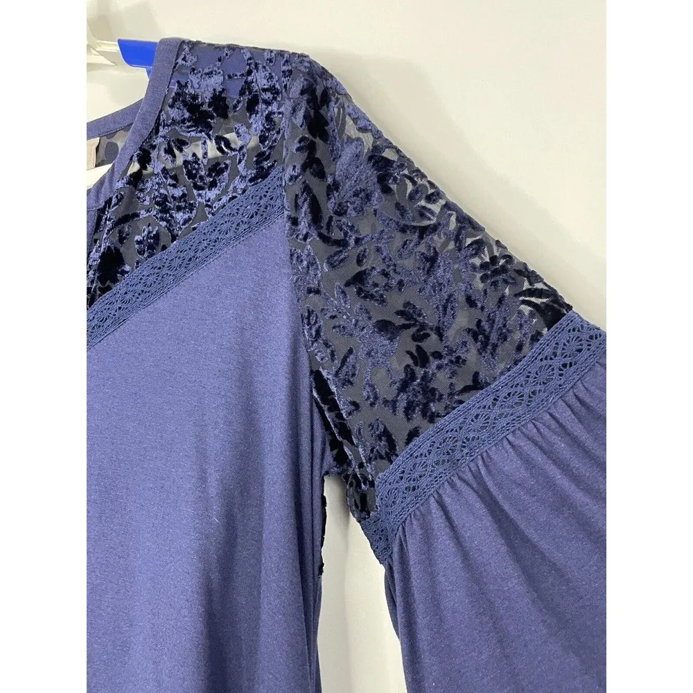 LOGO LAVISH Lori Goldstein Blue Bell Sleeve Pullover Top Velvet Burn Out Pockets - Image 4