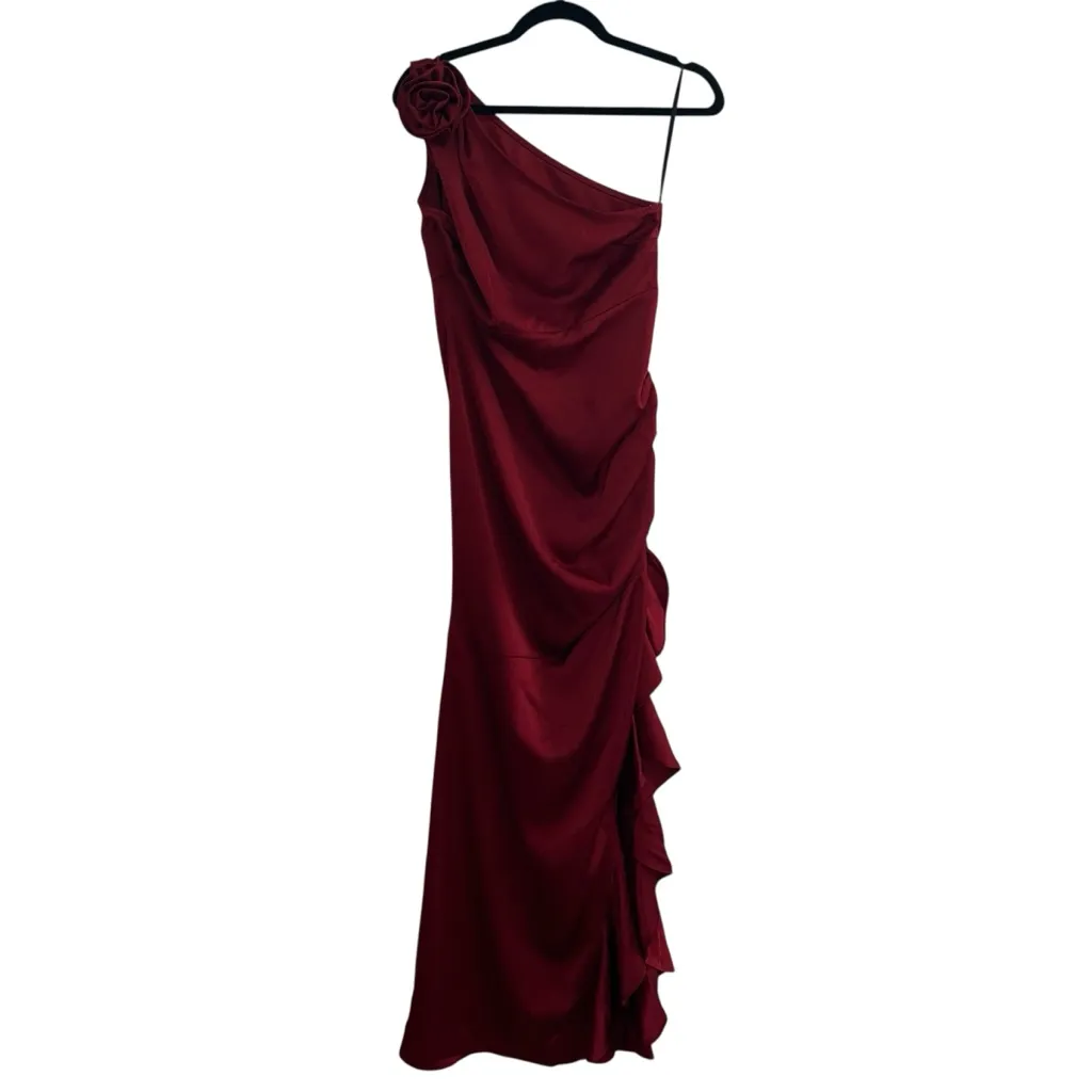 Majorelle Natalya One Shoulder Satin Maxi Gown In Red Wine - Image 3