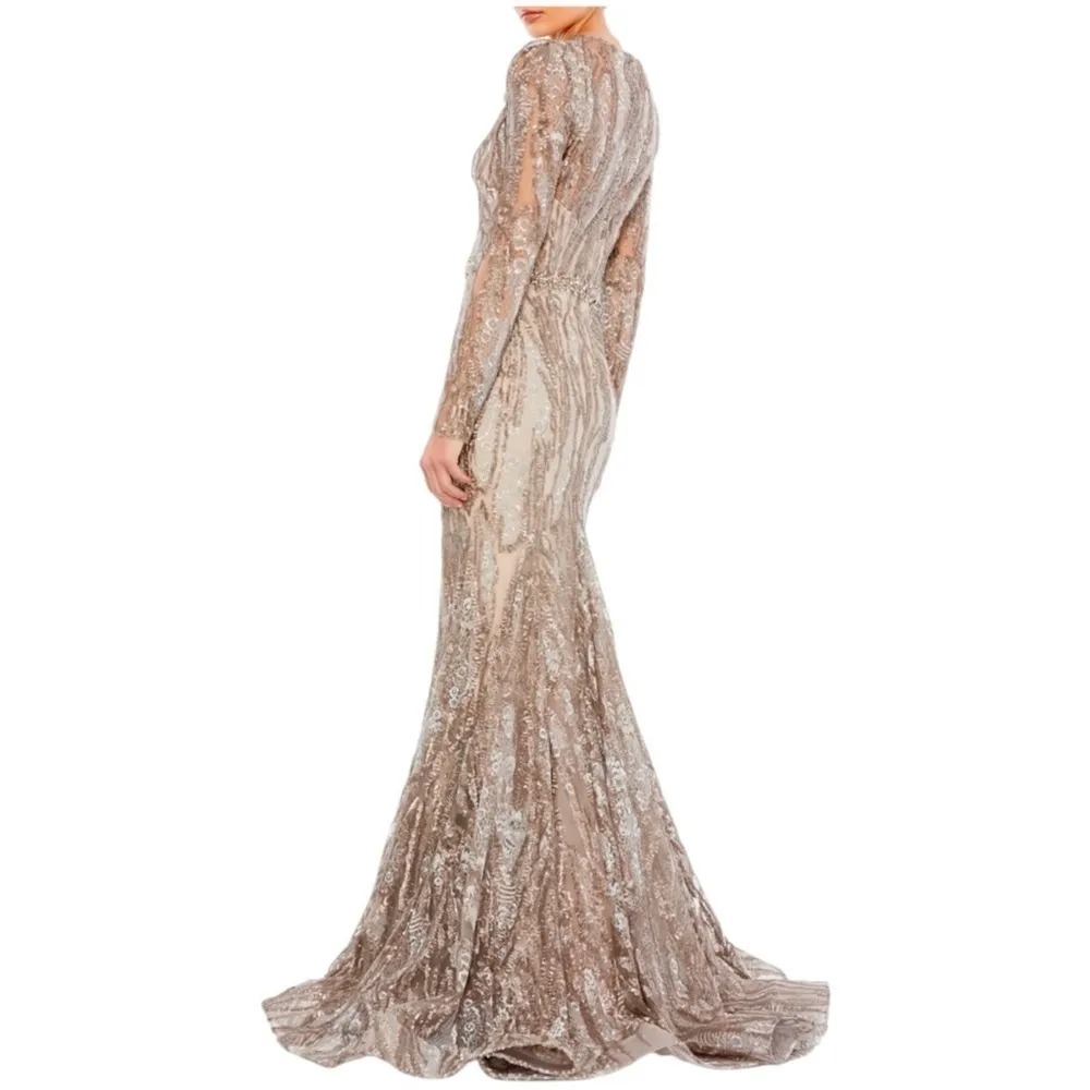 Mac‎ Duggal Embellished Long Sleeve Plunge Neck Gown Gold Taupe 16 79358 - Image 2