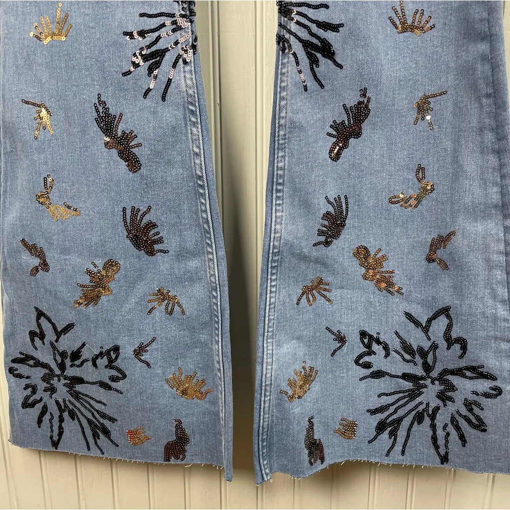 Nasty Gal Sequin Embroidered Flare Jeans Women's Size 8 Festival Boho Flower - Image 4