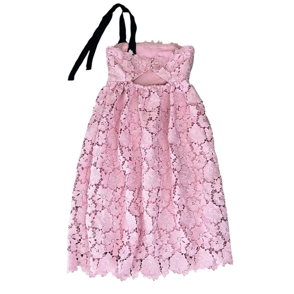 Anthropologie Maeve Women’s One Shoulder Tie Pink Lace Strapless Midi Dress Sz 6 - Image 7