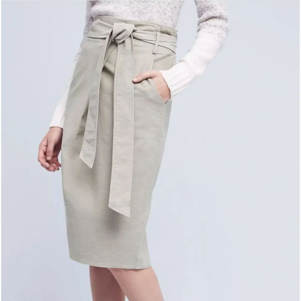 Anthropologie Felisa Paperbag Waisted Moss Green Pencil Skirt Faux Wrap Maeve M - Image 6