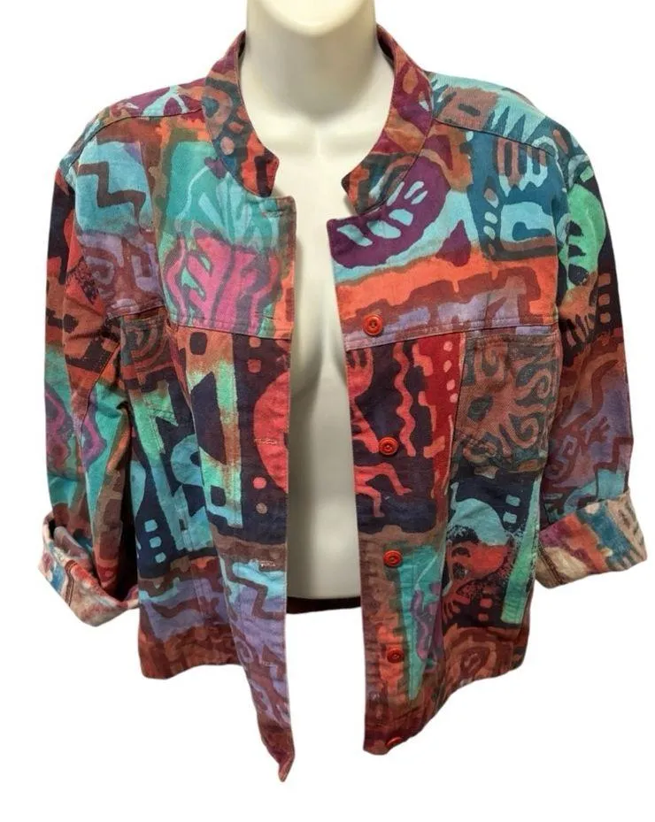 VTG Artsy Boxy Jean Jacket Sz M Colorful Graffiti Print Cotton Pockets Casual Multiple Size M - Image 4