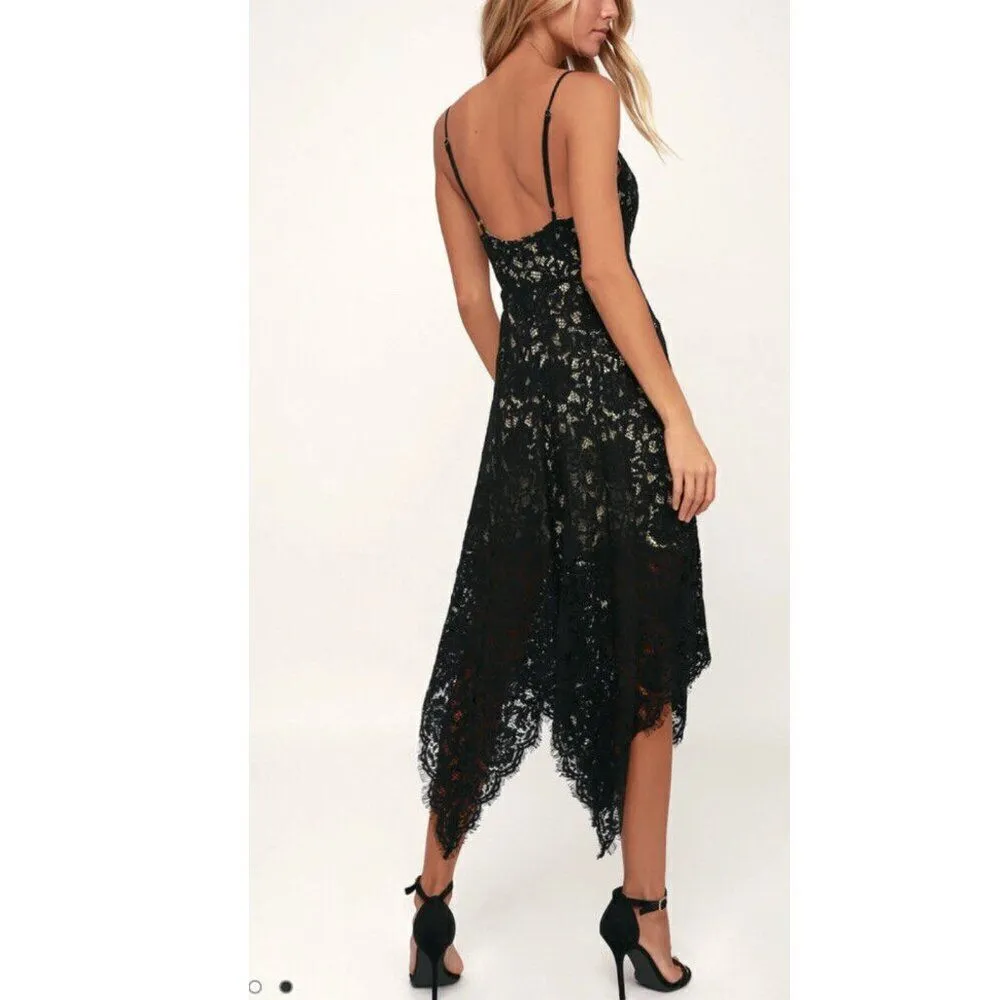 Lulus One Wish Eyelash Lace Midi Dress Handkerchief Hem in Black Women's XS - Image 2