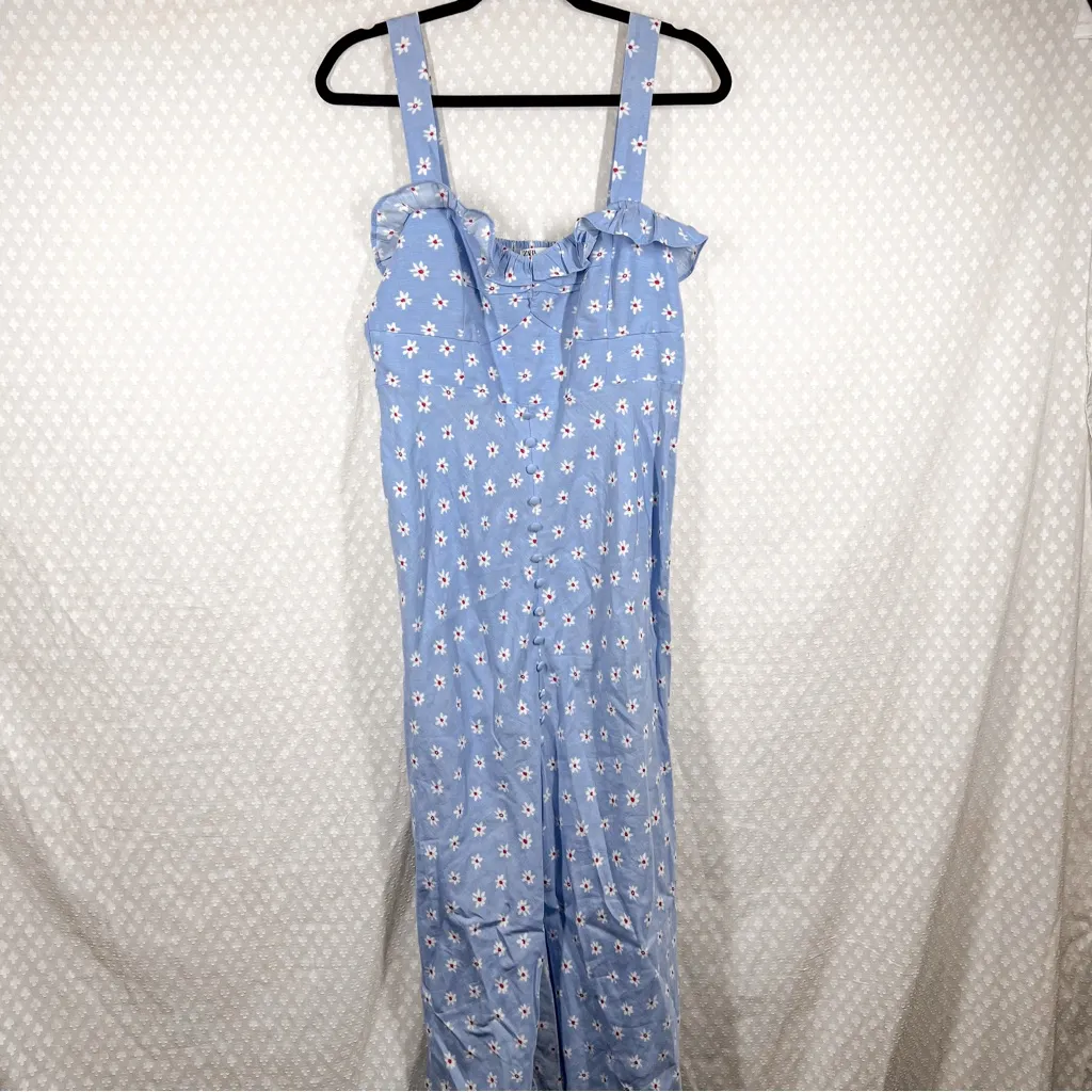 Zara‎ Blue Flower Print Linen Blend Button Front Midi Dress - Image 3