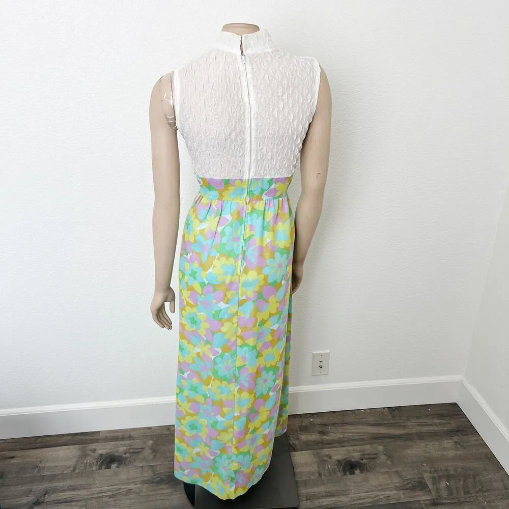 [Vintage] 60s 70s Cream Mock Neck Groovy Floral Print Bow Maxi Dress Sz Medium M Green - Image 2