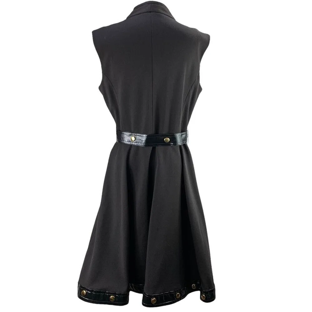 VINTAGE '60s ILGWU | Size 12 | Black Retro Mod Belted Studded Sleeveless Dress - Image 3